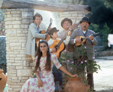 Home story of the Italian-American singer and actress Romina Power here making music with husband Albano Carrisi, Italy mid 1980s