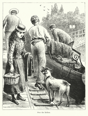 Boat being hauled ashore over rollers (engraving)