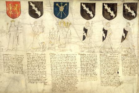 (From left to right): Fig.4: Constantine, King of Britain. Fig.5: Gwayr: A cousin in the third degree to King Arthur. A giant at his feet, who he slew. Fig.6: St.Dubricius, Archbishop of Caerleon, Or Warwick, Primate of Britain, and Legate of the Apostolic See, who set the crown on King Arthur's head. Fig.7, 8 and 9: Arthgallus, Morvidius, Marthrudus,Earls of Warwick. All in chain armour.