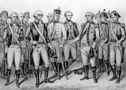 Troops of Cornwallis in Yorktown October 19, 1781 l-r : Lincoln, Washington, De Lauzun, Gilbert du Motier, marquis de La Fayette, Lord Cornwallis, O'Hara et Chewton, engraving