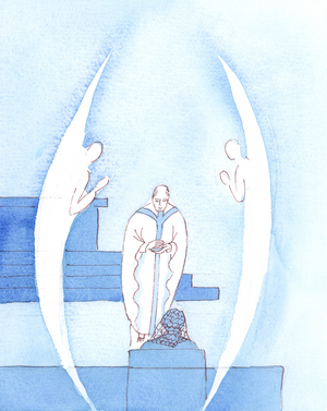 The Holy Eucharist, which is Jesus Christ Really Present, is such a great and holy gift that two Angels accompany the priest as he carries the blessed Sacrament to us, for Holy Communion, 2005 (w/c on paper)