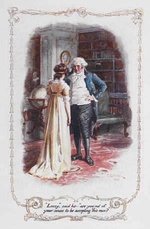 "Lizzy", said he, "are you out of your senses to be accepting this man?", Elizabeth Bennet and her father, illustration to 'Pride and Prejudice' by Jane Austen, 1907 (colour litho)