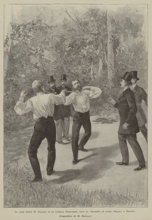 Le duel entre M Floquet et le general Boulanger, dans la propriete du comte Dillon, a Neuilly (engraving)