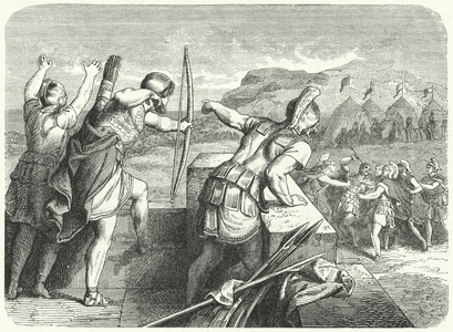 Philip II of Macedon wounded in the eye at the Siege of Methone, 355 BC (engraving)