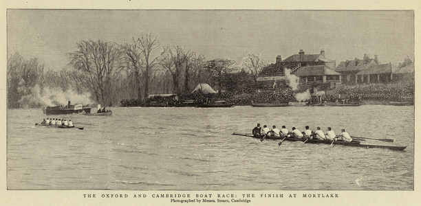 The Oxford and Cambridge Boat Race, the Finish at Mortlake (engraving)