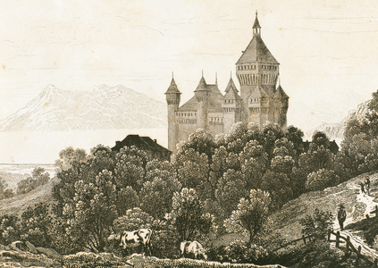 Castle of Wuflens, near Geneva lake (Switzerland), engraving by Rouargue
