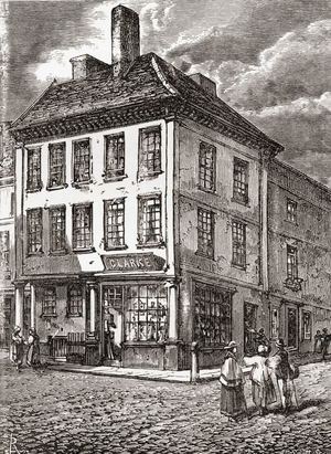 Dr. Samuel Johnson's birthplace in Market Square, Lichfield, England seen in the late 19th century.  From Our Own Country published 1898.