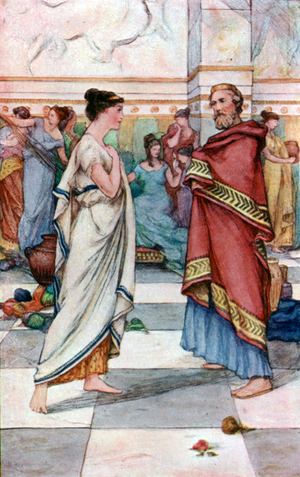 Nausicaa and her father, King Alcinous (colour litho)