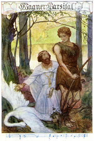 Music. Opera. Parsifal and the swan. Illustration for the opera by Richard Wagner: Parsifal (1862), Austria, c.1910 (postcard)