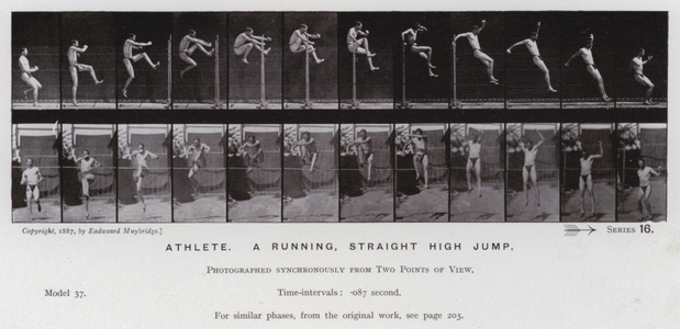The Human Figure in Motion: Athlete, a running, straight high jump (b/w photo)