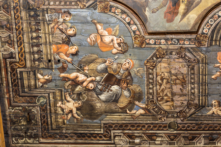 Andria, Puglia, Italy, The Cathedral of Mary Most Holy Assumption in Heaven, wooden ceiling, detail with St. Gregory the Great while writing the Antiphonary