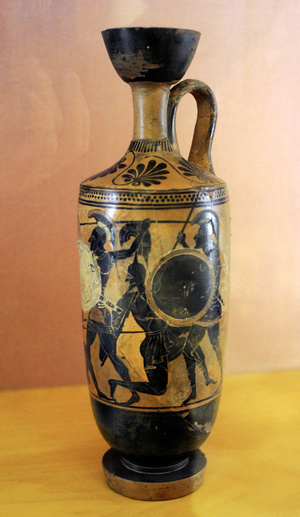 Greek art. Black-figured lekythos: fighting hoplites. 500-490 BC. The Edinburgh painter. Clay.