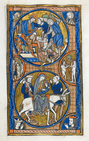 The Massacre of the Innocents (upper roundel); the Flight into Egypt (lower roundel), with God addressing Adam and Eve and the Fall, at the sides, and heads of a queen praying and a man