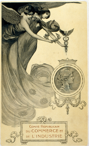 French Art deco illustration depicting allegorical figures of trade and industry 1895