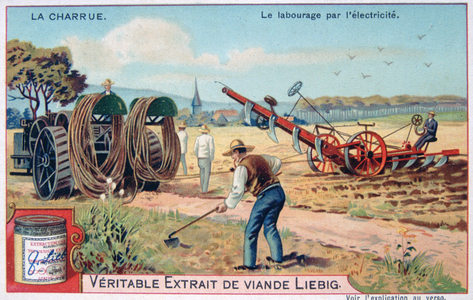 Electric plough being dragged across a field. Liebig Trade Card early 20th century (chromo)