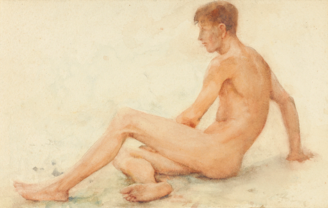 Study of a male nude, seated, turning away to the right (w/c on paper)