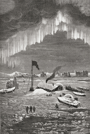 The crew of the Hansa surviving the winter in a shelter built of coal dust briquettes floating on sea ice, during the second German North Polar Expedition of 1869, with the Aurora Borealis overhead.
