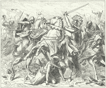The rebel Duke Rudolf of Swabia mortally wounded at the Battle of the Elster, 1080 (engraving)