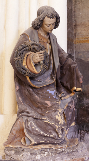 Former priory (Ancien prieuré Saint-Ayoul). The church (Église Saint-Ayoul). Interior. Calvary (Calvaire/Dépoloration'. Detail. The statue of Saint-John. Polychrome stone. 16th century.