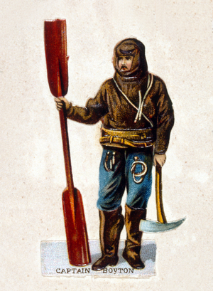 Illustration of Paul Boyton (Boynton) (1848-1924), known as the Fearless Frogman, was a showman and adventurer some credit as having spurred worldwide interest in water sports as a hobby, particularly open-water swimming. 19th century (chromolithograph)