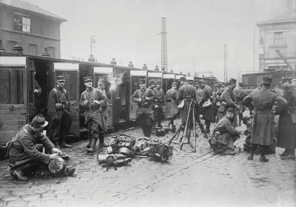 French Troops Leaving Train at Beginning of World War I, France, Bain News Service, 1914 (b/w photo)
