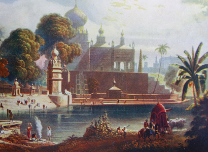 Coloured aquatint depicting the temples and mosques of Sassur, near Poona, in the Deccan