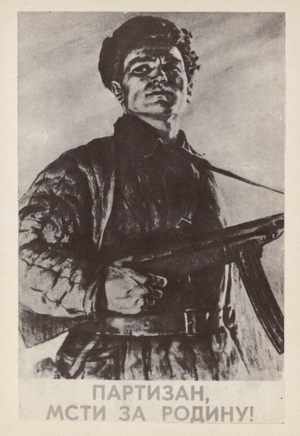 Partisan, avenge the motherland! Soviet World War II propaganda image, 1941-1945 (b/w photo)