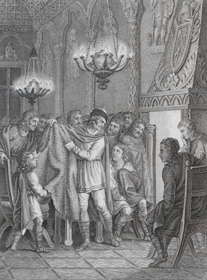 Charlemagne showing his courtiers the value of his sheepskin cloak (engraving)