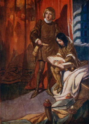 The Princes in the Tower: Edward V and Richard of Shrewsbury, Duke of York, the sons of King Edward IV (colour litho)