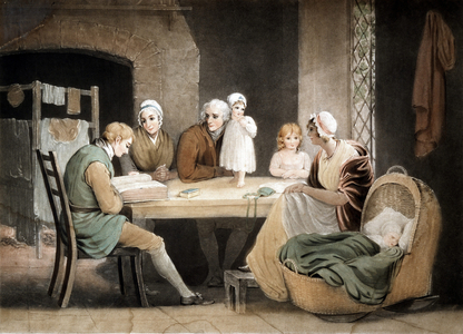 Three generations listening to reading from Family Bible.  Aquatint after picture by Maria Spilsbury (1777-1820?).