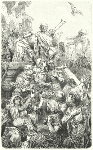 Cola di Rienzo gives the people of Rome a new constitution, 1347 (engraving)