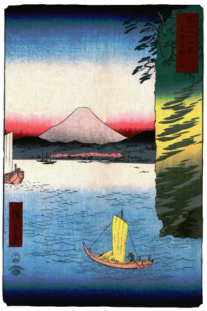 Japan: Cherry Blossoms at Honmoku in Musashi Province. Image 16 of '36 Views of Mount Fuji. Utagawa Hiroshige (portrait / vertical edition first published 1858)