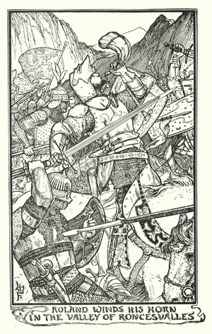 Roland winds his horn in the Valley of Roncevalles (litho)
