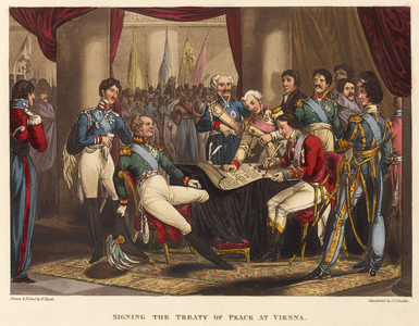 Signing the Treaty of Peace at Vienna, 1818 (coloured aquatint) 