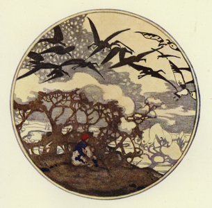 The snow lay deep on the plains, and many snow birds were flying around looking for food (colour litho)