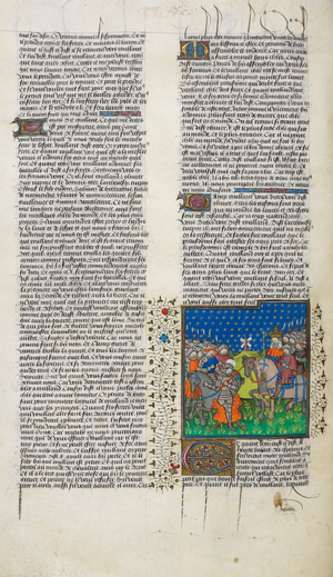 Miniature of Richard, brother of Renaut de Montauban, dismounted before Charlemagne and his host