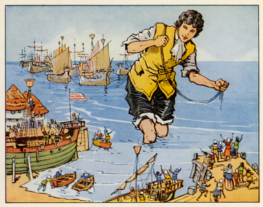 Gulliver's Travels: He captures the fleet at Blefuscu (colour litho)