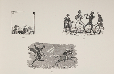 Various scenes including a man boxing with a devil and a devil chasing a horseman.