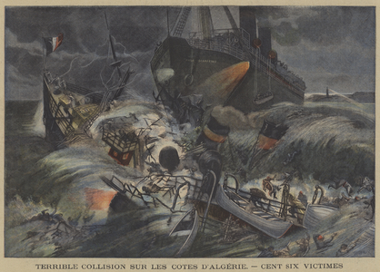 Terrible collision between two ships off the coast of Algeria with the loss of 106 lives (colour litho)
