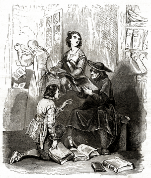 The priest Pero Perez and the barber Nicolas inspecting the books in Don Quixote's library, c.1850 (illustration)
