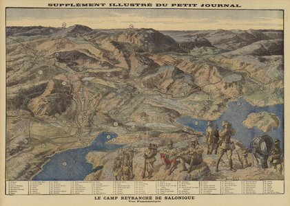 Panoramic view of the entrenched Allied encampment at Salonika, Greece, World War I, 1916 (colour litho)