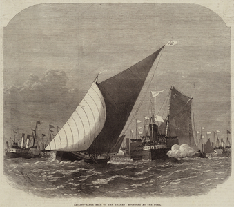 Sailing-Barge Race on the Thames, rounding at the Nore (engraving)