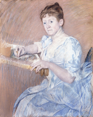 Mrs. Alexander J. Cassat in a Blue Evening Gown Seated at a Tapestry Frame,  (pastel on paper)