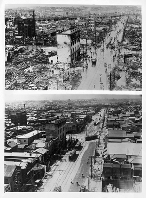 High angle view of Hongkucho Street in Tokyo the after earthquake of September 1, 1923 and four years later on September 1, 1927, Japan