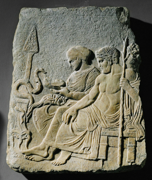 Asklepios and his daughter Hygieia feeding a snake