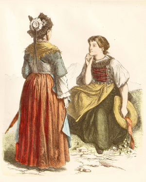 Swiss traditional costumes, 19th century (copper plate print)