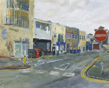 Back of parade of shops, 2025 (oil on canvas board)