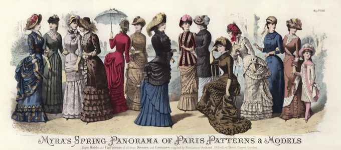 Myra's Spring Panorama of Paris Patterns and Models (coloured engraving)