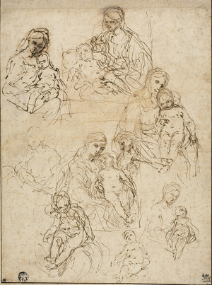 Sketches of the Virgin and Child, and the Holy Family, 1642-48 (pen & brown ink on buff laid paper, laid down on cream board)