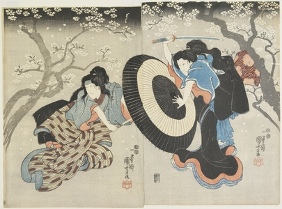 (Two Women Fighting under Cherry Tree, a Scene from a Kabuki Play), 1847-1852